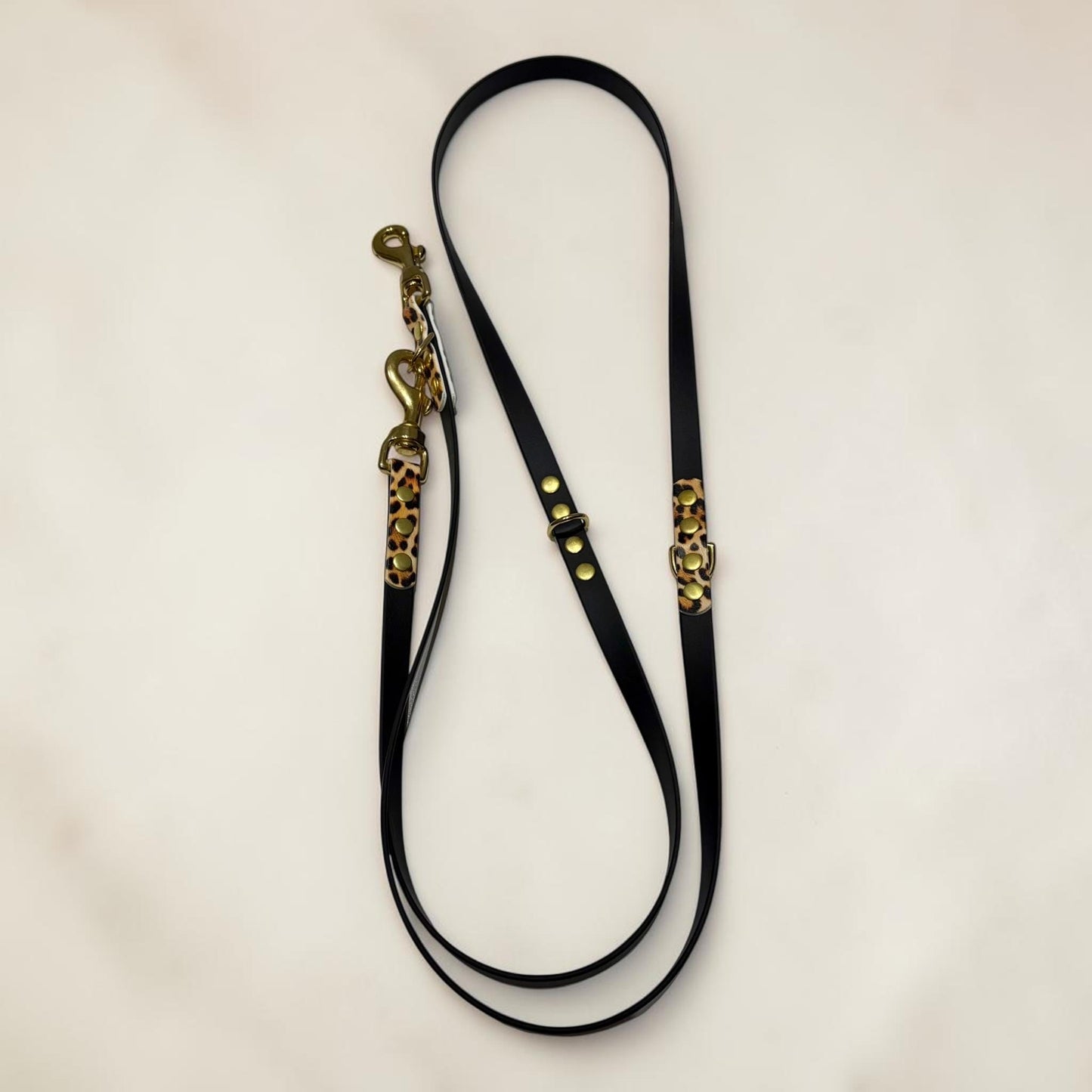 Black and Leopard Print Biothane Multiway Training Lead: Double Ended Adjustable Hands-Free Dog Leash