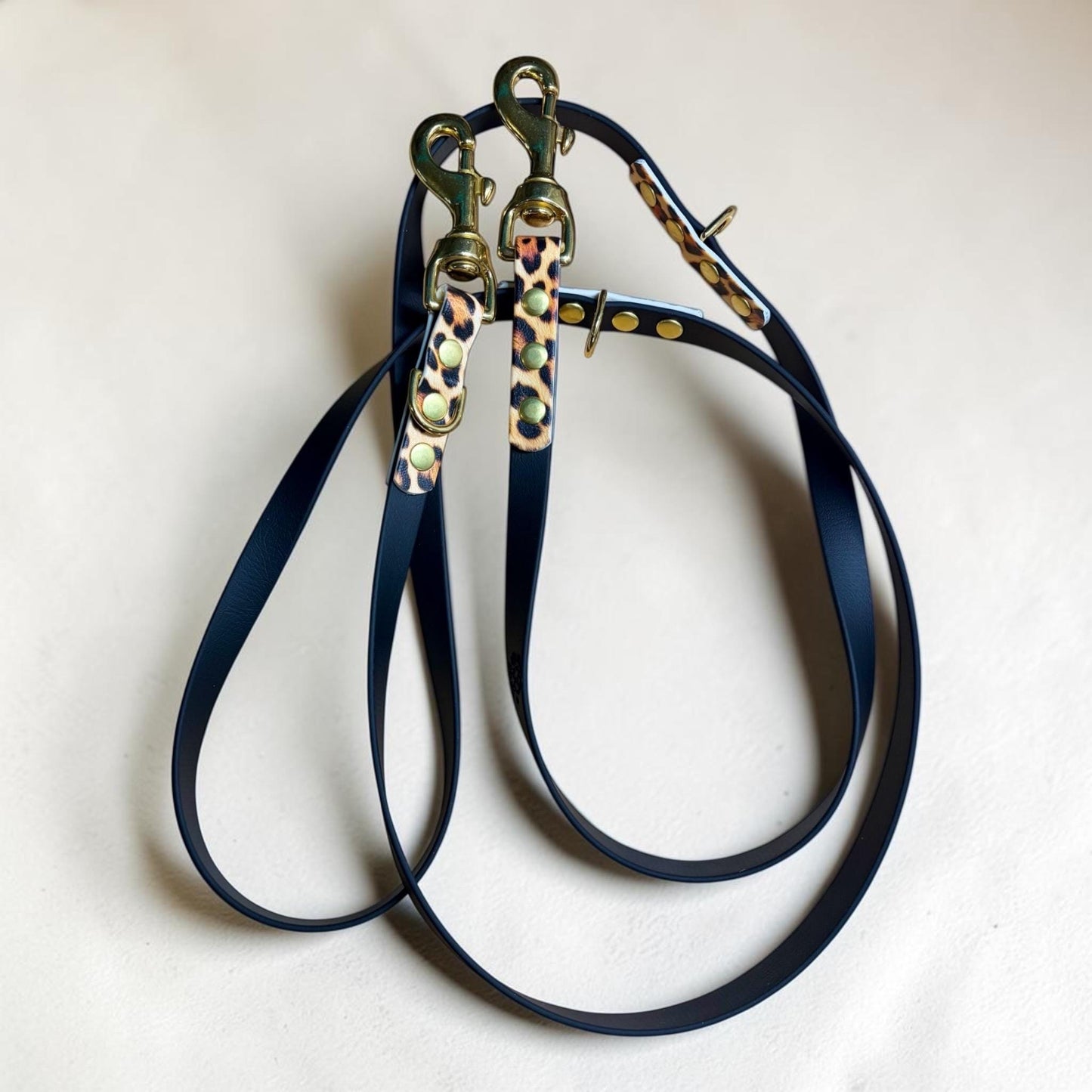 Black and Leopard Print Biothane Multiway Training Lead: Double Ended Adjustable Hands-Free Dog Leash