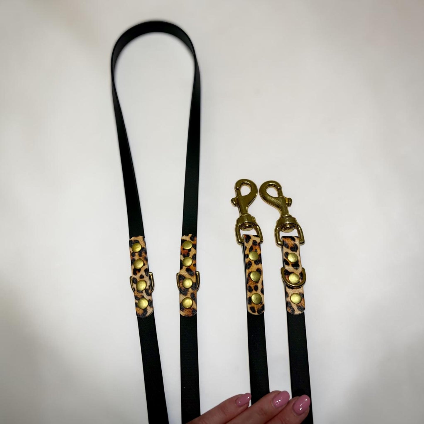 Black and Leopard Print Biothane Multiway Training Lead: Double Ended Adjustable Hands-Free Dog Leash