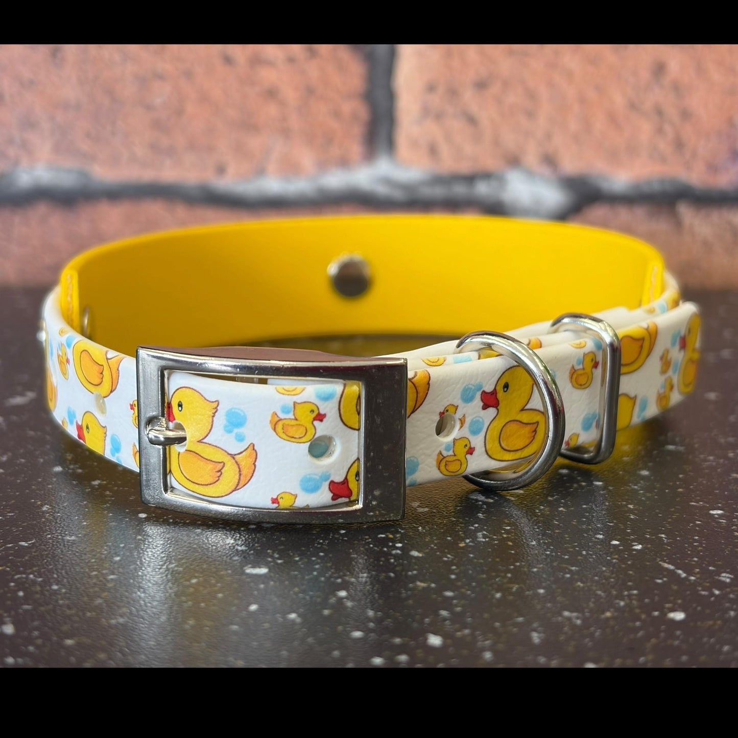 Waterproof Dog Collar Rubber Ducky Printed Biothane with Choice of Backing Colour and Silver Hardware
