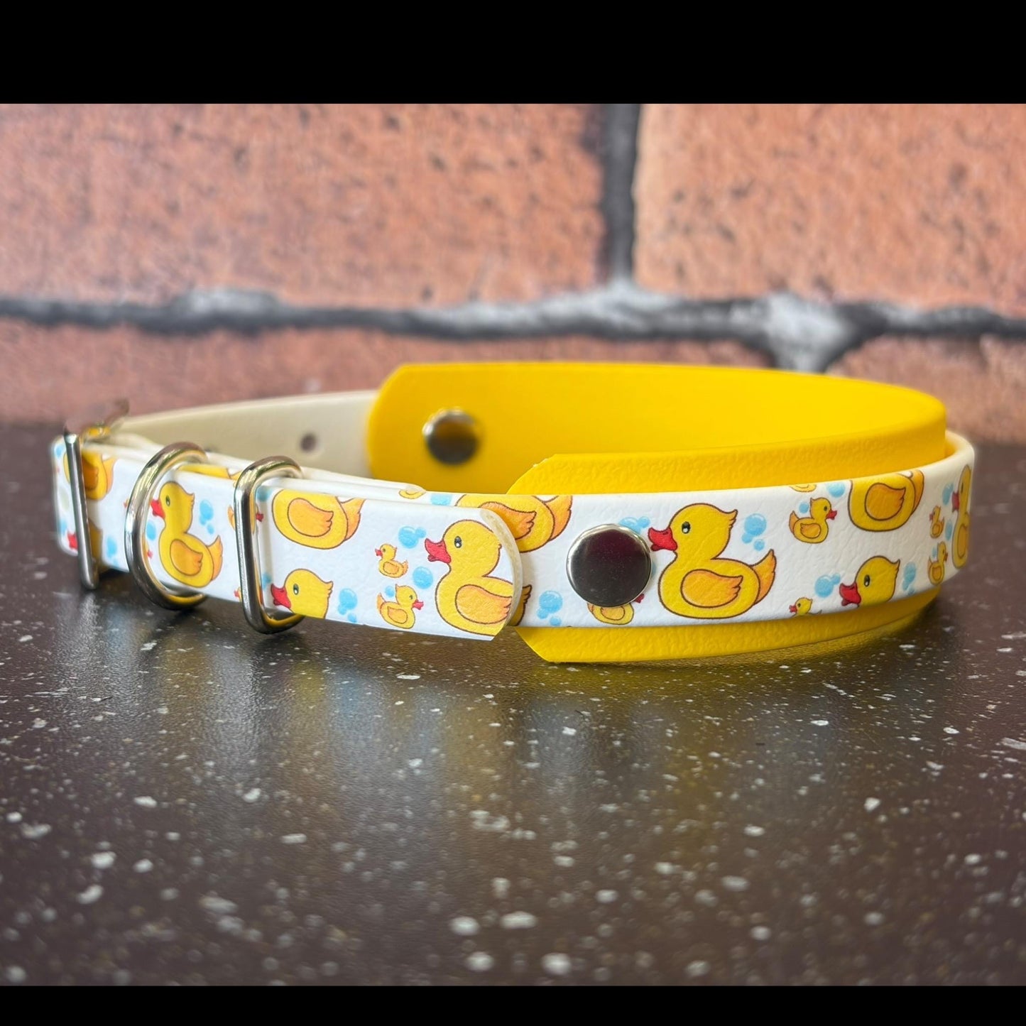 Waterproof Dog Collar Rubber Ducky Printed Biothane with Choice of Backing Colour and Silver Hardware