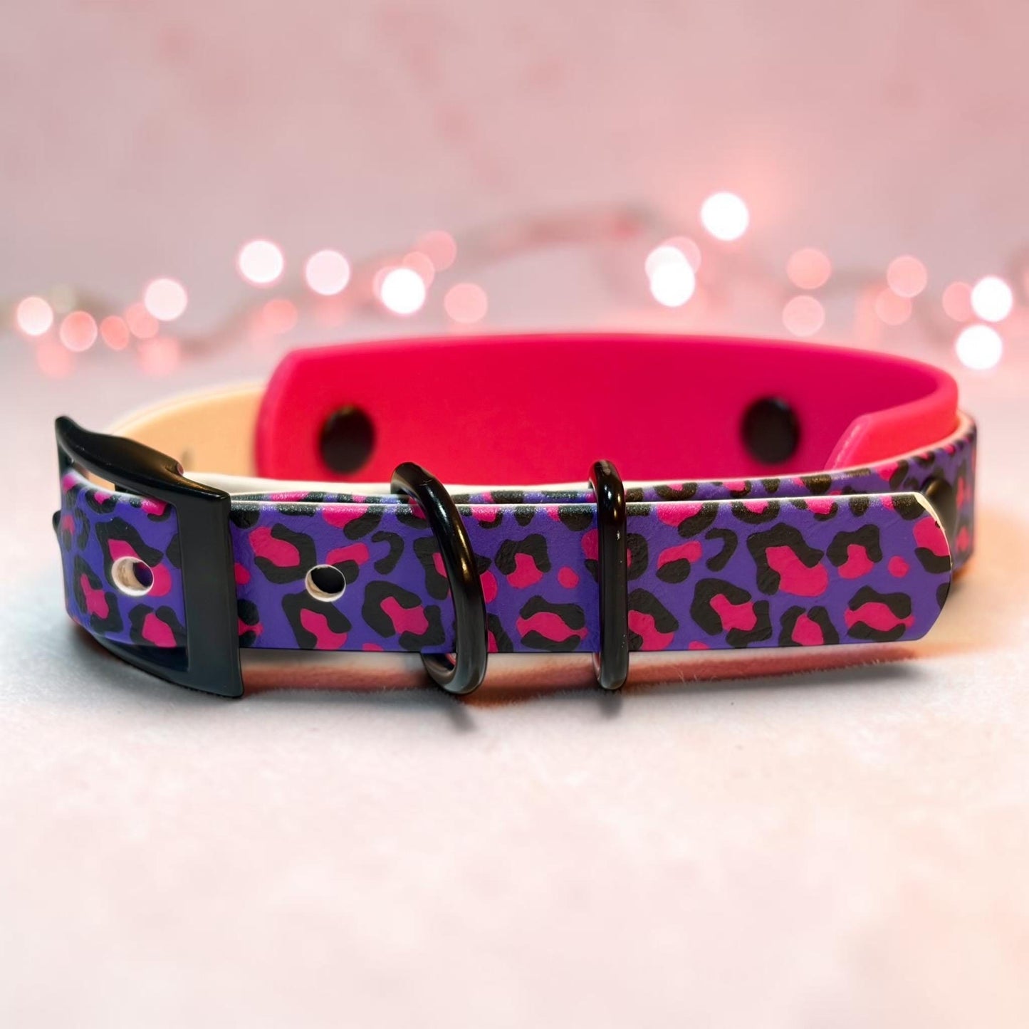 Biothane Waterproof Dog Collar Pink and Purple Leopard Print Design with Black Hardware