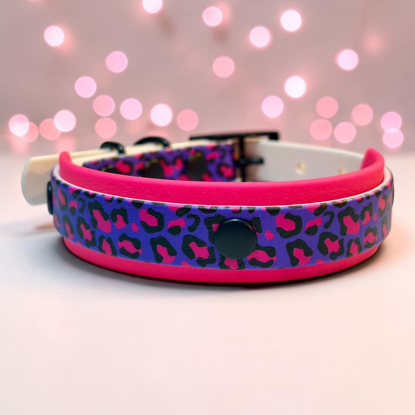 Biothane Waterproof Dog Collar Pink and Purple Leopard Print Design with Black Hardware