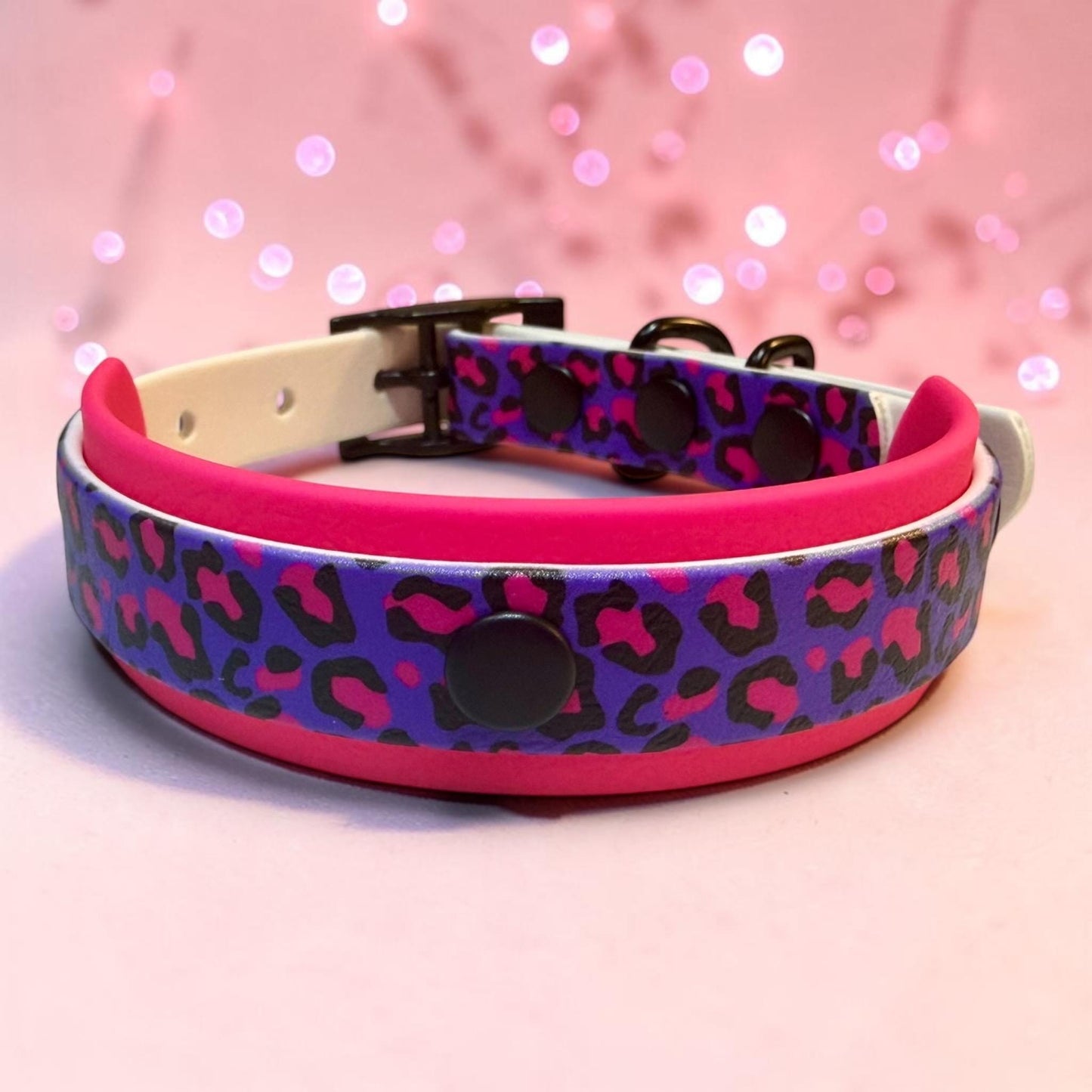 Biothane Waterproof Dog Collar Pink and Purple Leopard Print Design with Black Hardware