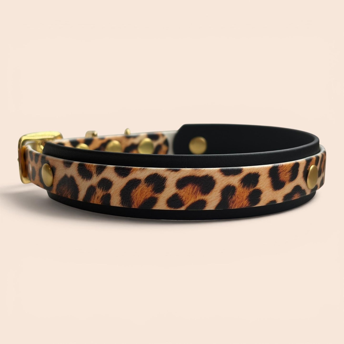 Biothane Waterproof Dog Collar Leopard Print Design with Solid Brass Gold Hardware