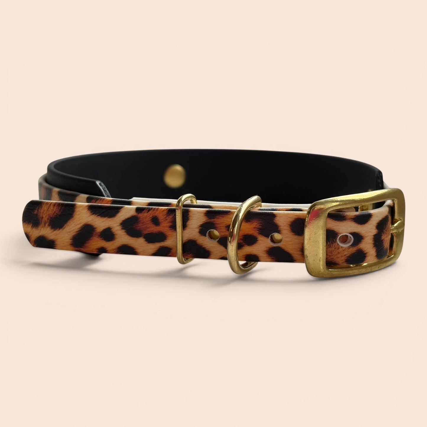Biothane Waterproof Dog Collar Leopard Print Design with Solid Brass Gold Hardware