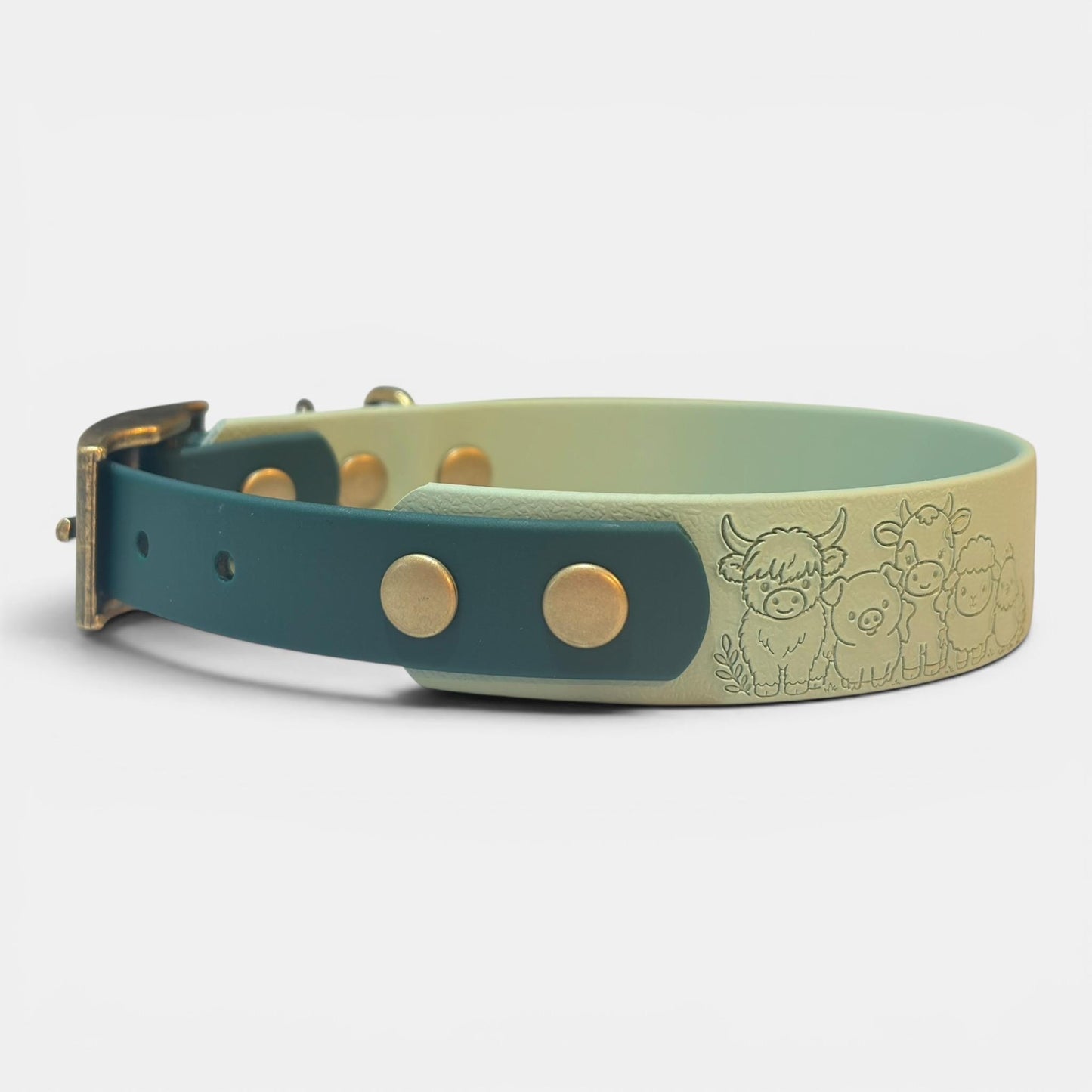 Embossed Farmyard Friends Dog Collar, Waterproof Biothane, Antique Brass Hardware