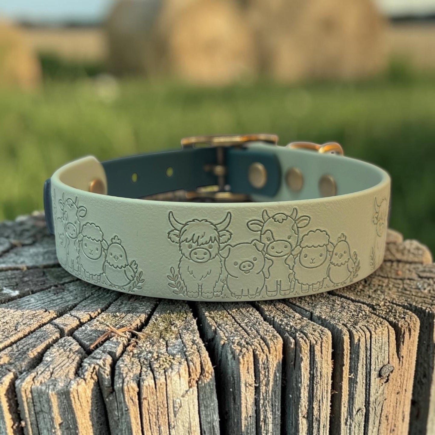 Embossed Farmyard Friends Dog Collar, Waterproof Biothane, Antique Brass Hardware