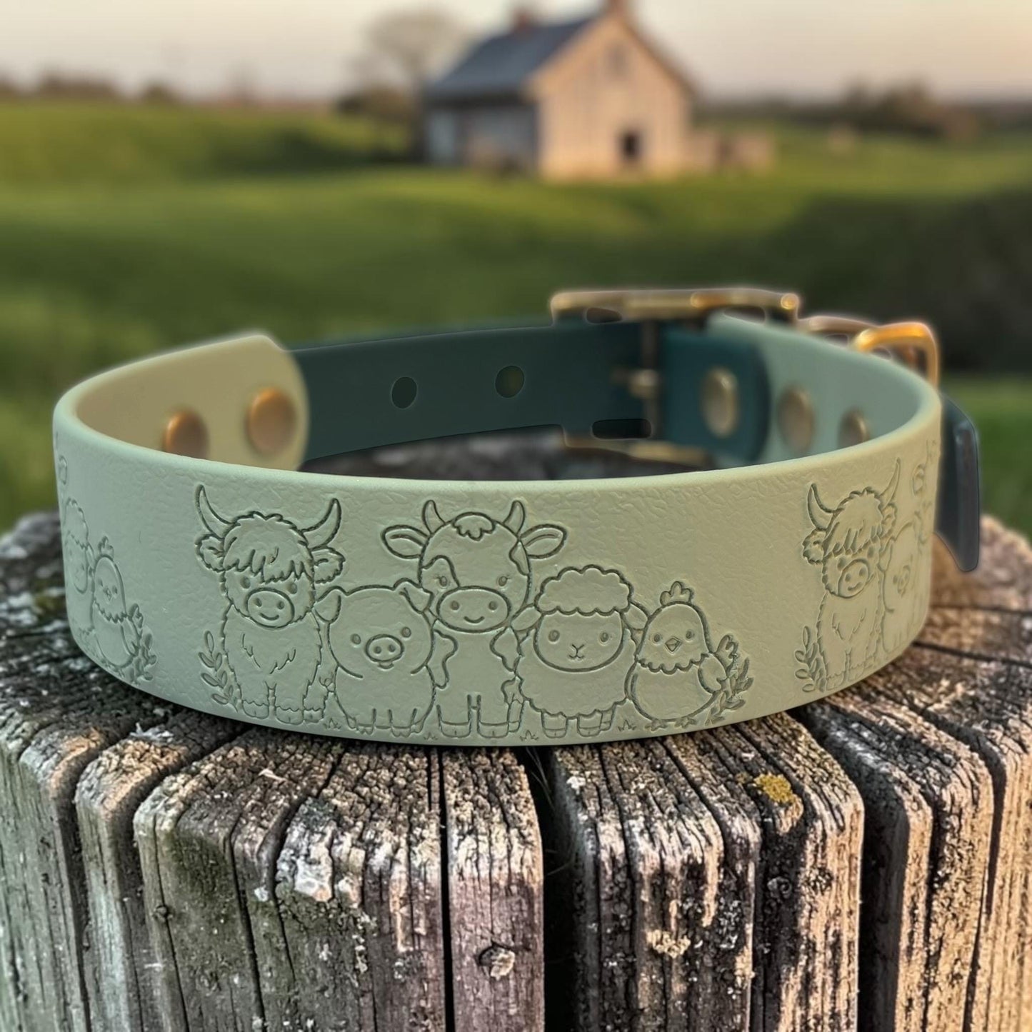 Embossed Farmyard Friends Dog Collar, Waterproof Biothane, Antique Brass Hardware
