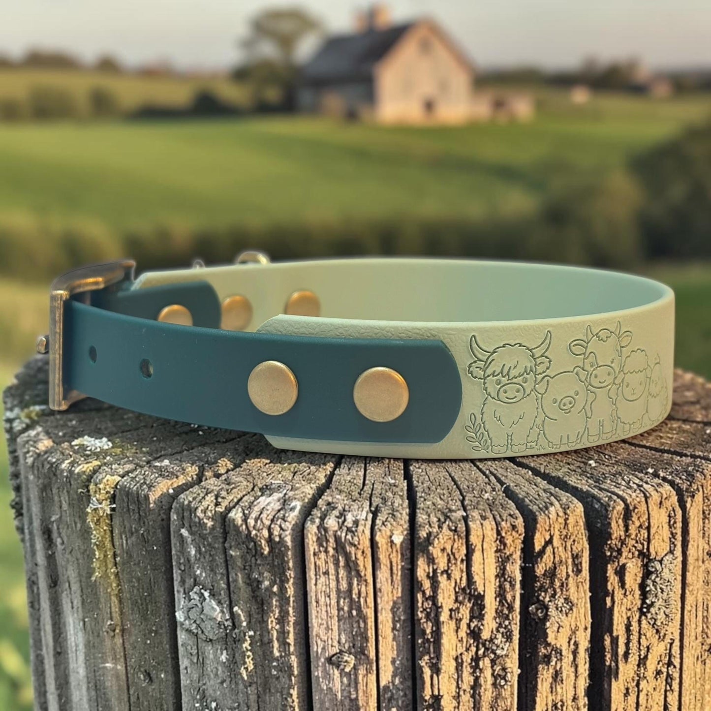 Embossed Farmyard Friends Dog Collar, Waterproof Biothane, Antique Brass Hardware