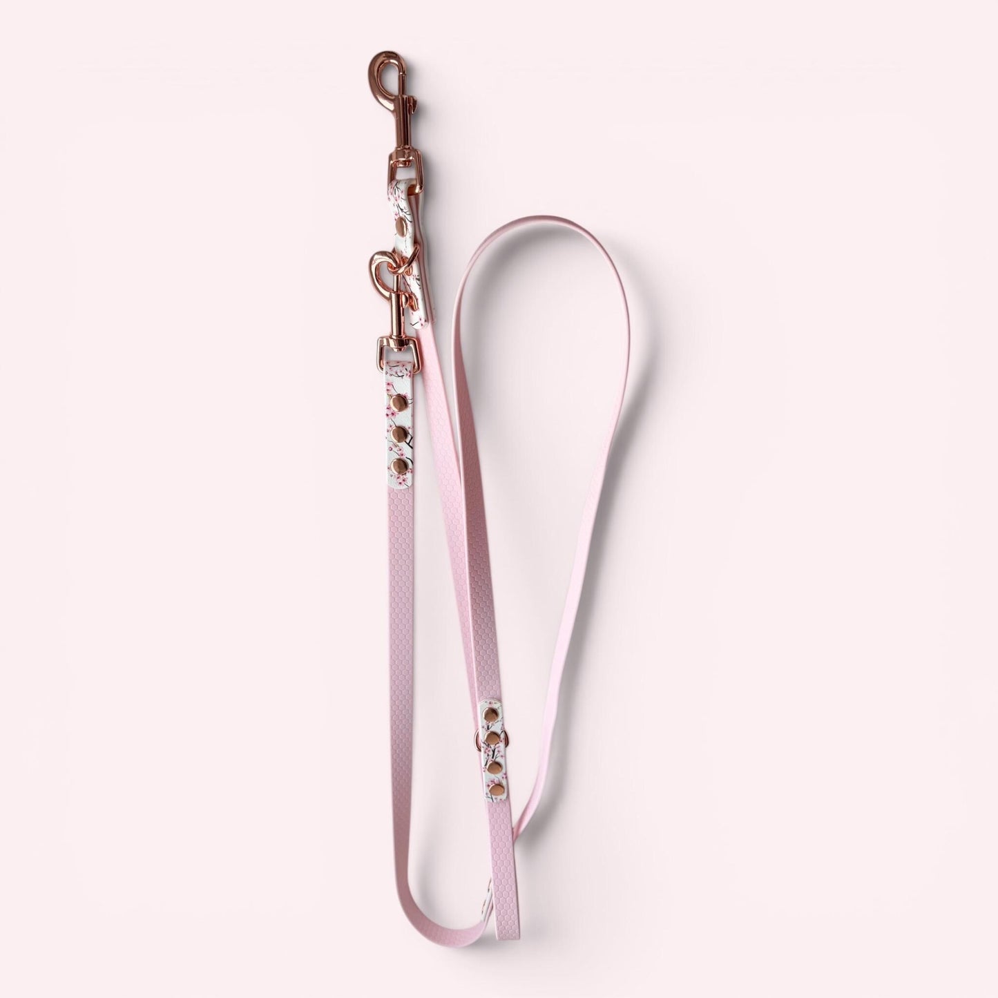 Pink Cherry Blossom Sakura Printed Biothane, Rose Gold Hardware Hexa Multiway Training Lead: Double Ended Adjustable Hands Free Dog Leash