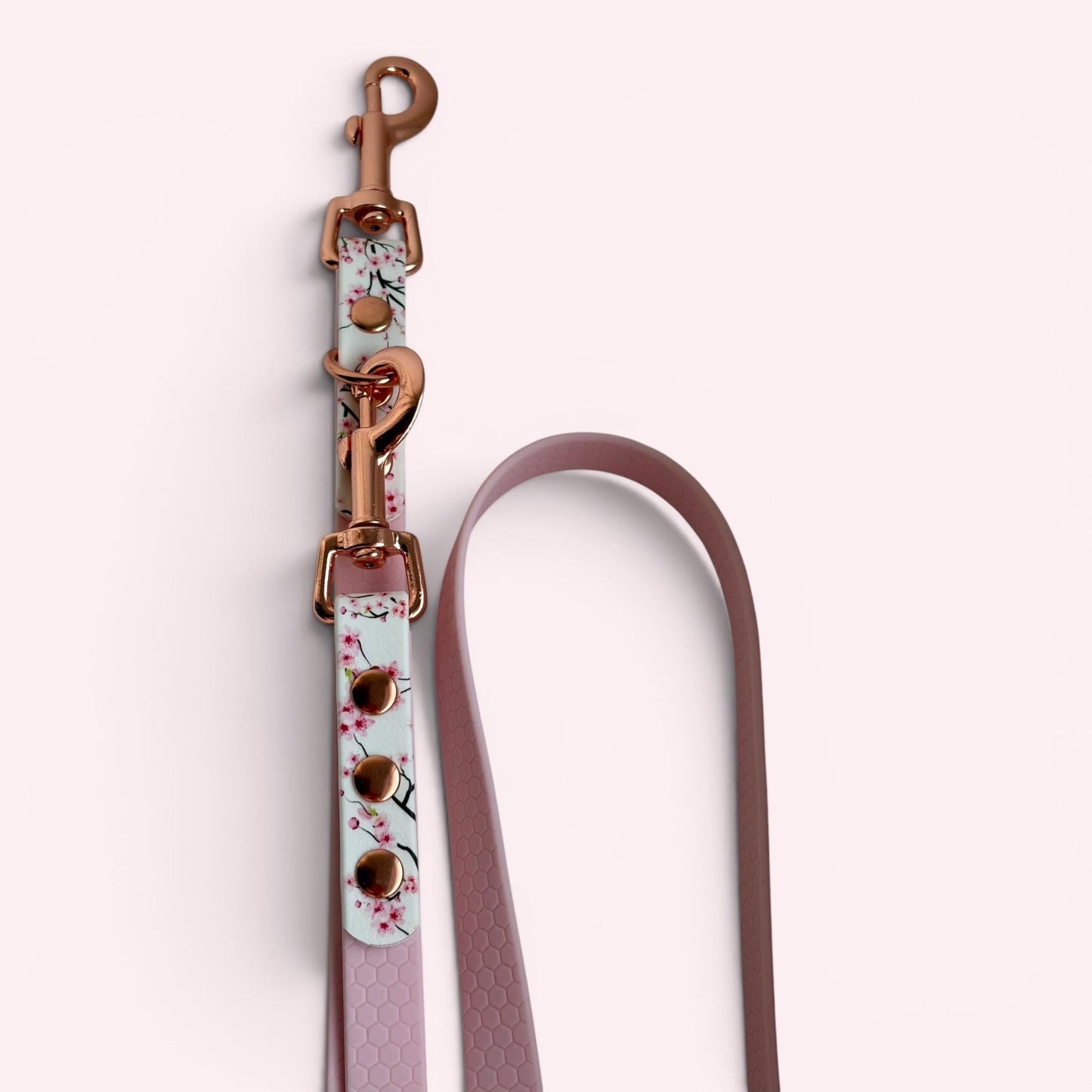 Pink Cherry Blossom Sakura Printed Biothane, Rose Gold Hardware Hexa Multiway Training Lead: Double Ended Adjustable Hands Free Dog Leash