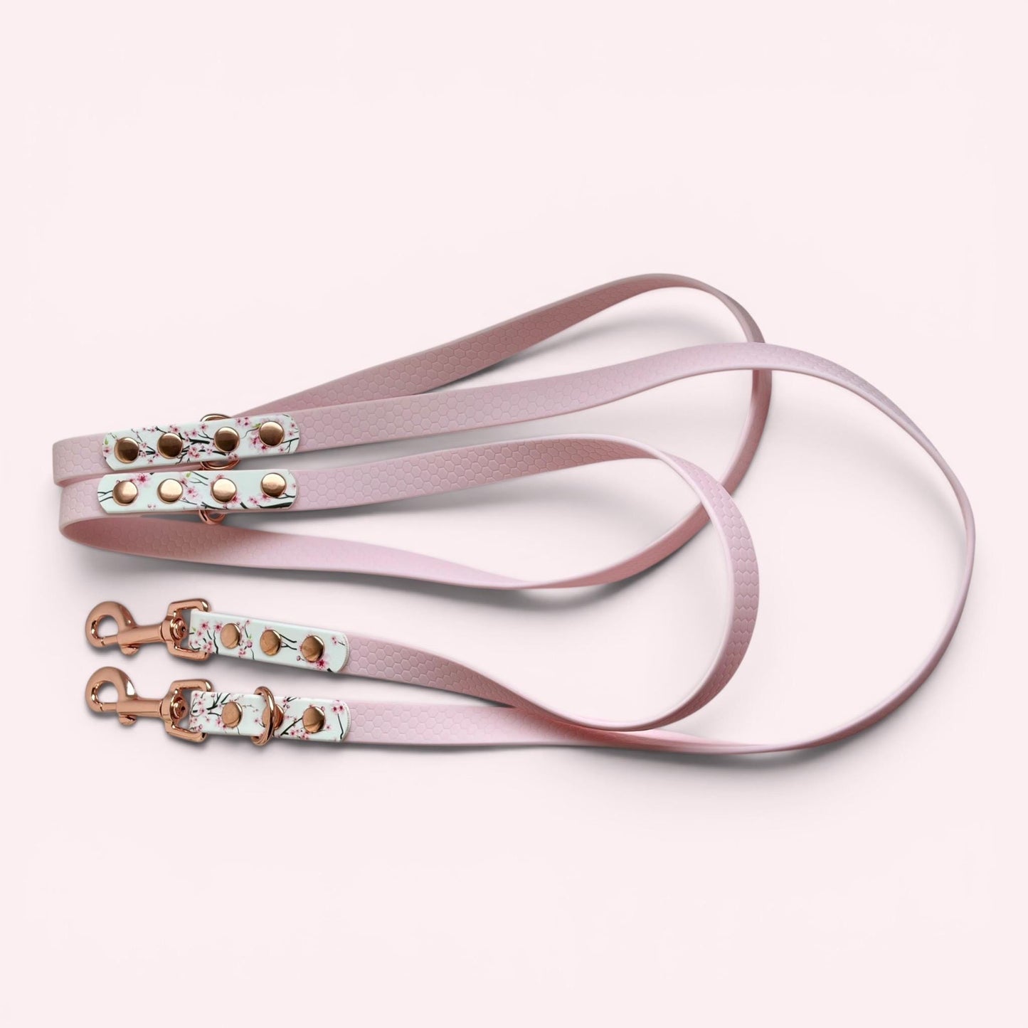 Pink Cherry Blossom Sakura Printed Biothane, Rose Gold Hardware Hexa Multiway Training Lead: Double Ended Adjustable Hands Free Dog Leash