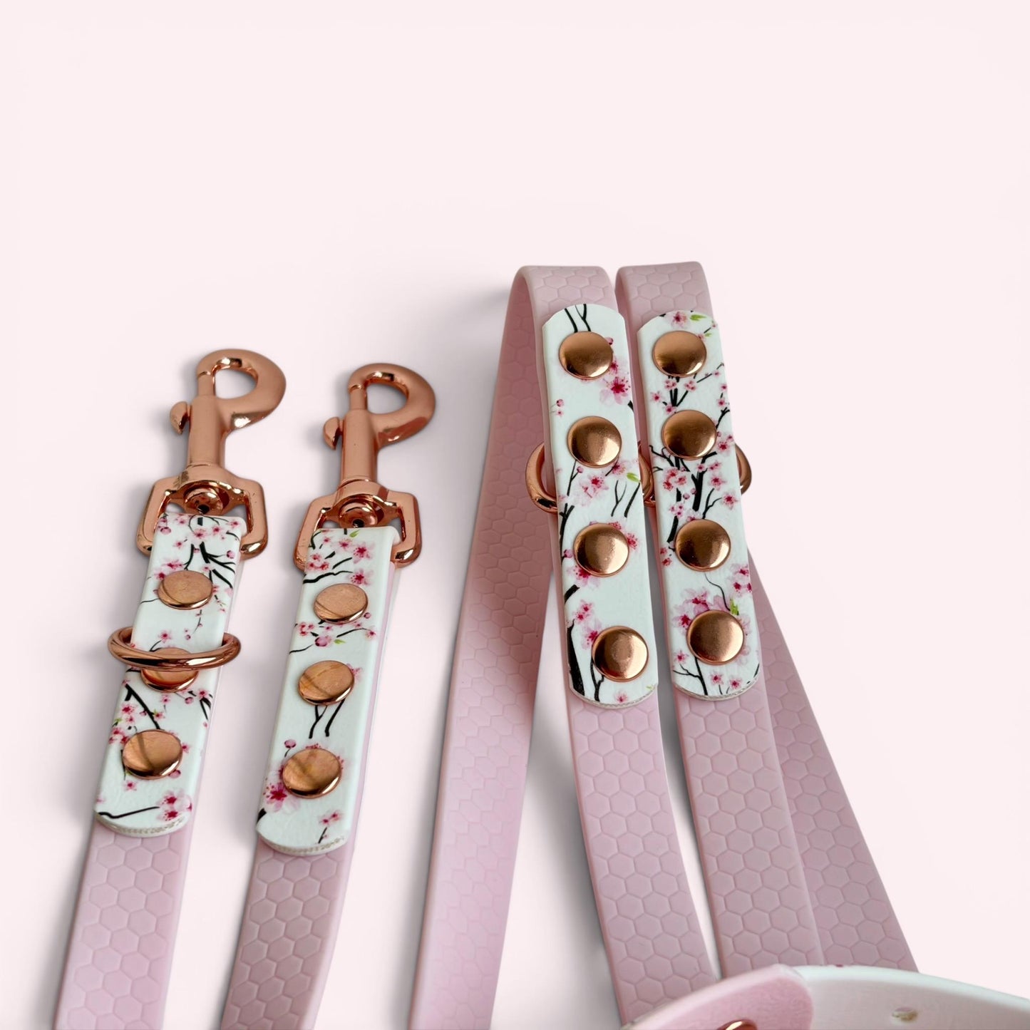 Pink Cherry Blossom Sakura Printed Biothane, Rose Gold Hardware Hexa Multiway Training Lead: Double Ended Adjustable Hands Free Dog Leash