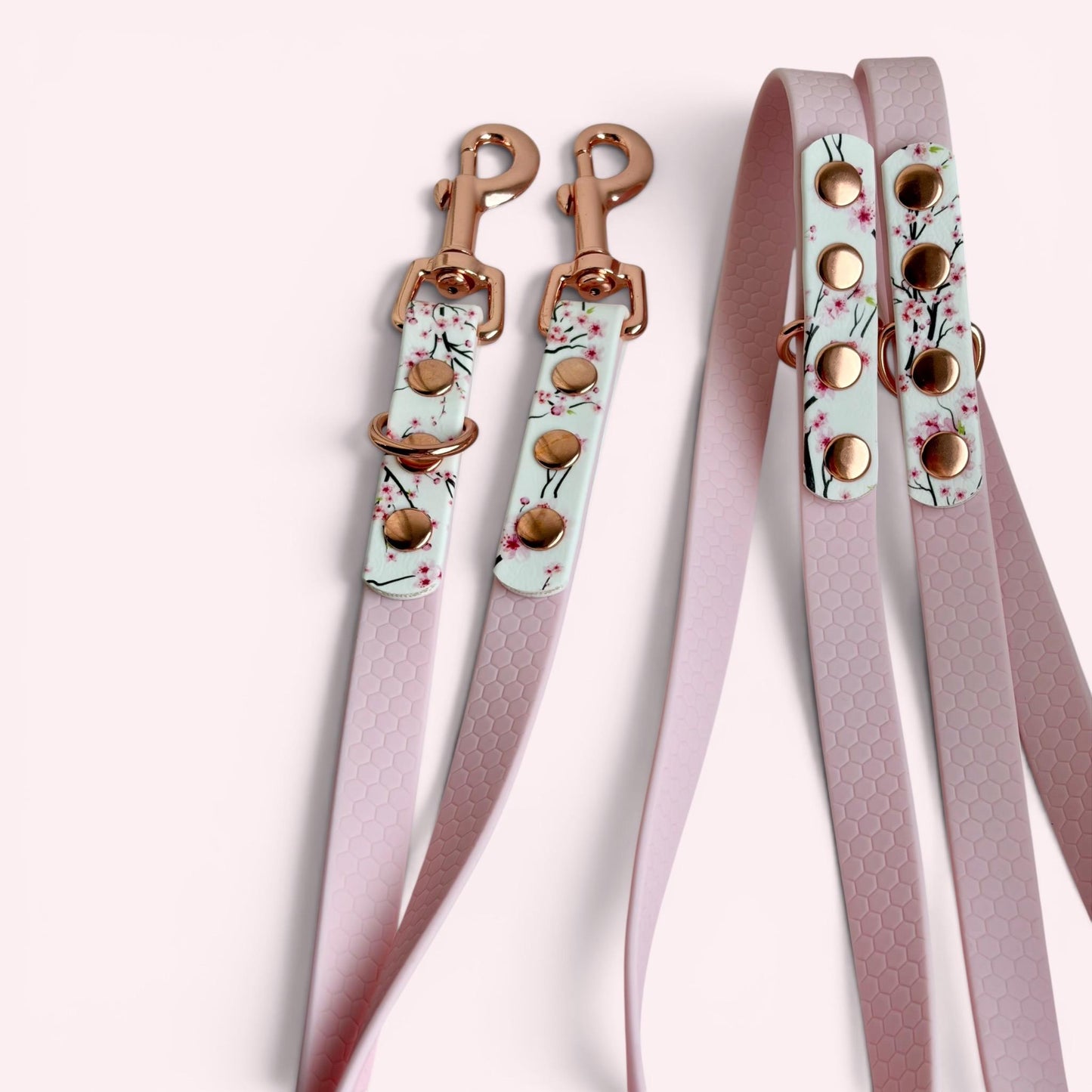 Pink Cherry Blossom Sakura Printed Biothane, Rose Gold Hardware Hexa Multiway Training Lead: Double Ended Adjustable Hands Free Dog Leash