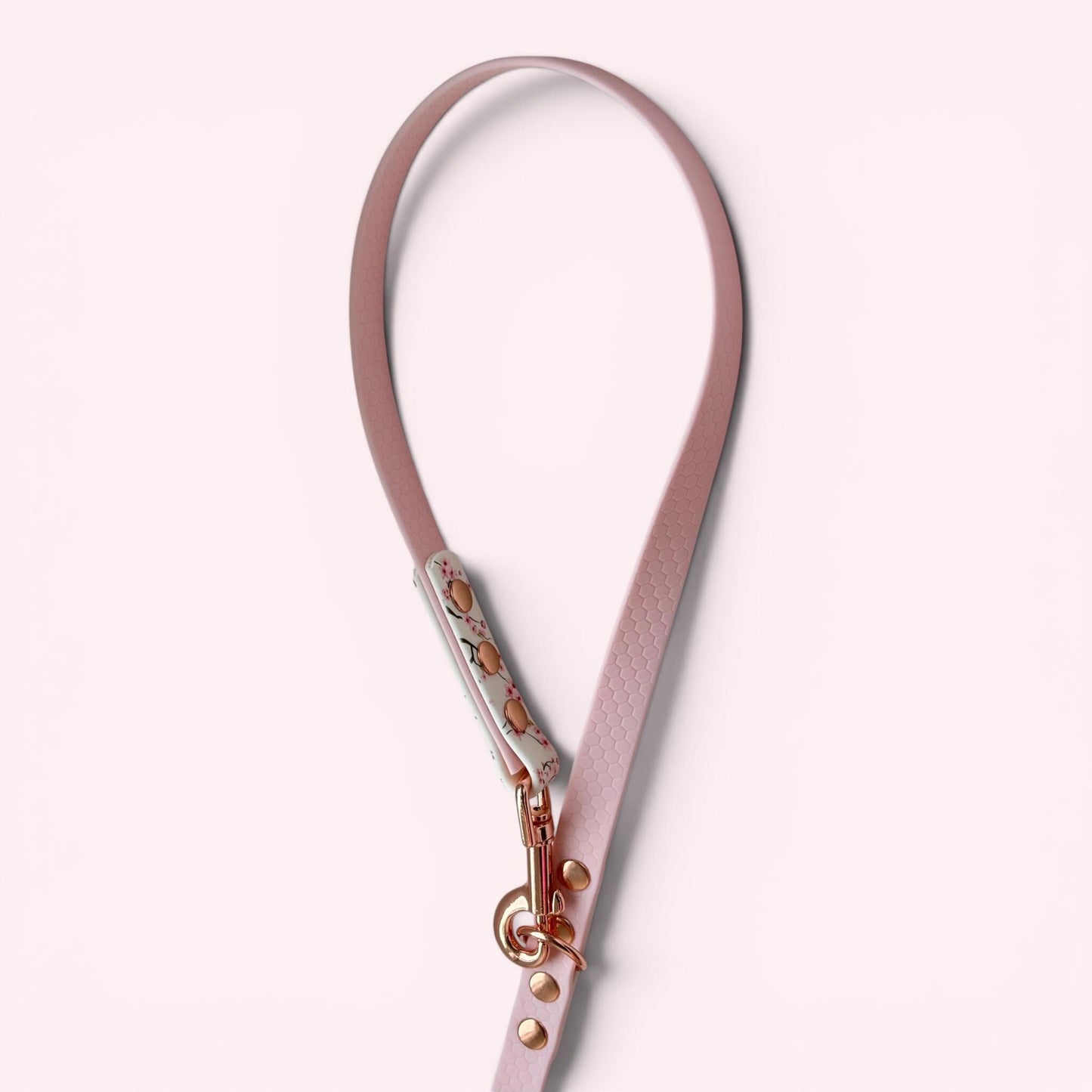 Pink Cherry Blossom Sakura Printed Biothane, Rose Gold Hardware Hexa Multiway Training Lead: Double Ended Adjustable Hands Free Dog Leash