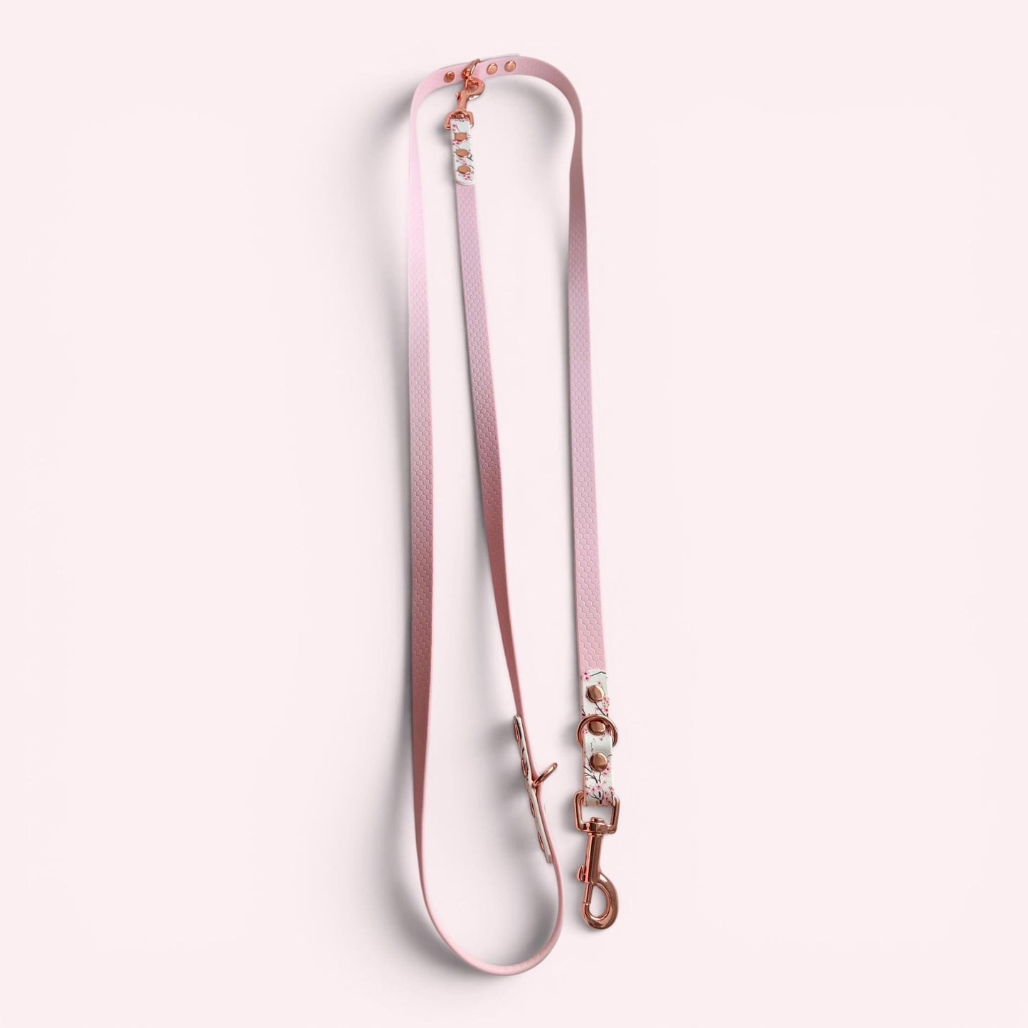 Pink Cherry Blossom Sakura Printed Biothane, Rose Gold Hardware Hexa Multiway Training Lead: Double Ended Adjustable Hands Free Dog Leash