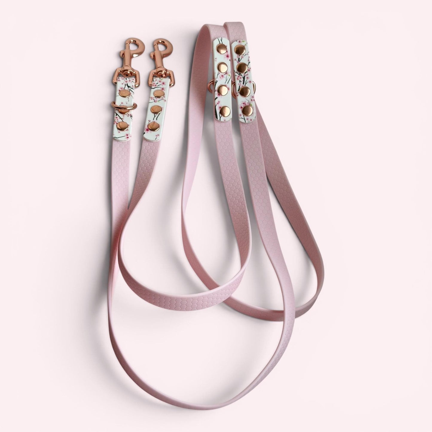 Pink Cherry Blossom Sakura Printed Biothane, Rose Gold Hardware Hexa Multiway Training Lead: Double Ended Adjustable Hands Free Dog Leash